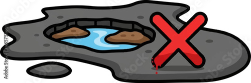 Broken pavement reveals water and dirt; a red 'X' marks danger