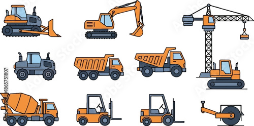 Collection of illustrated construction vehicles including excavators, dump trucks, and a crane