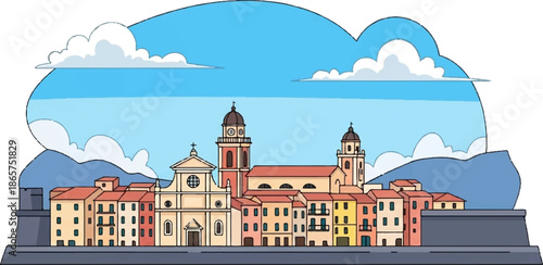 Coastal town with colorful buildings, church, and blue sky with clouds