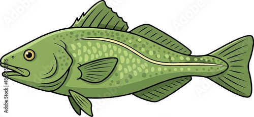 Cartoon illustration of a green fish with a yellow stripe down its body and dark spots