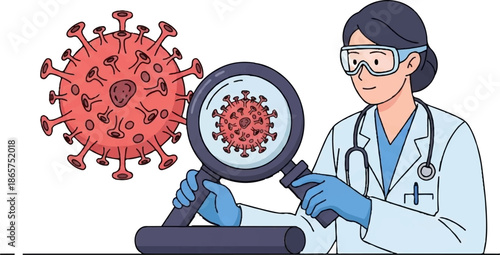 A scientist observes a coronavirus under a magnifying glass