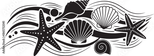 Black and white ocean illustration with seashells and starfish