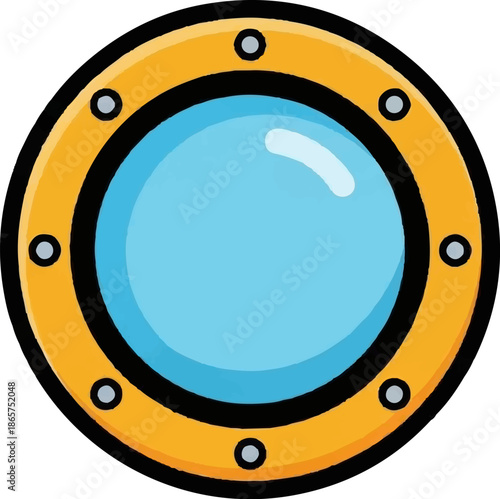A simple illustration of a round, yellow porthole with a blue glass center and silver bolts