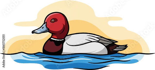 A cartoon duck with a red head and white body swims in blue water under a yellow sky