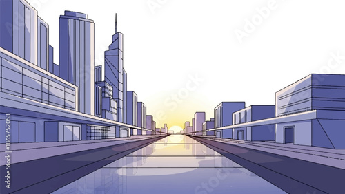 A stylized perspective of a city street at dawn, with tall buildings and reflections