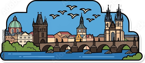 Stylized cityscape with a bridge spanning a river, featuring towers, domes, and flying birds
