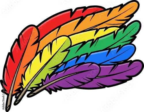 Colorful feathers arranged in a rainbow pattern