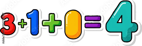 Colorful cartoon equation showing 3 plus 1 plus 0 equals 4