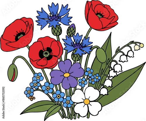 Vibrant illustration of a mixed wildflower bouquet featuring poppies, cornflowers, and forget-me-nots