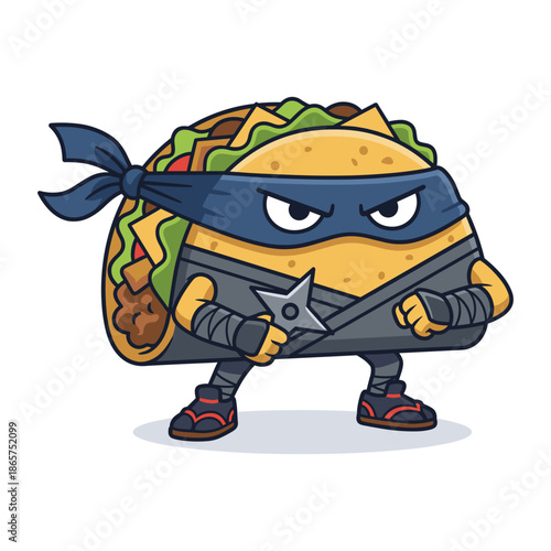 Ninja taco mascot illustration, stealth food character holding shuriken weapon, aggressive cartoon martial arts hero, fast food branding