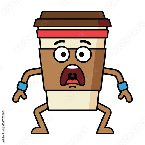 Surprised takeaway coffee cup mascot illustration, shocked hot drink character reacting, funny cartoon caffeine emotion, playful beverage branding