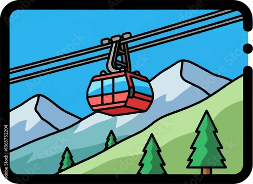 Red cable car ascends a mountain vista with snowy peaks and evergreen trees