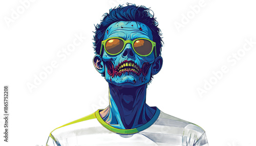 Blue-skinned zombie with sunglasses in a white t-shirt.