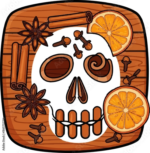 A skull made of spices and citrus slices on a wooden background