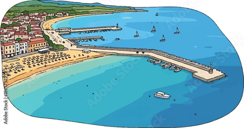 A vibrant, cartoon-style depiction of a coastal town with a bustling harbor and beach