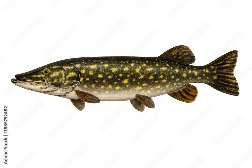 Naklejka premium Northern pike freshwater fish showing predator characteristics isolated on a transparent background for fishing and aquatic themes