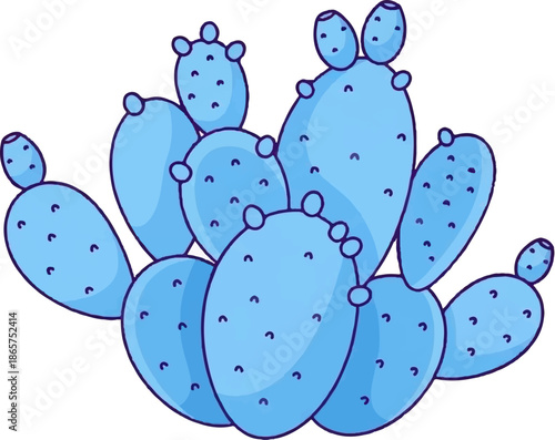 A playful, blue, cartoonish prickly pear cactus with small, round pads