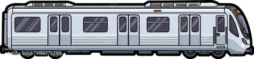 Modern silver commuter train with dark windows, sleek design, and multiple doors