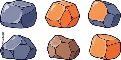 Six colorful cartoon-style rocks