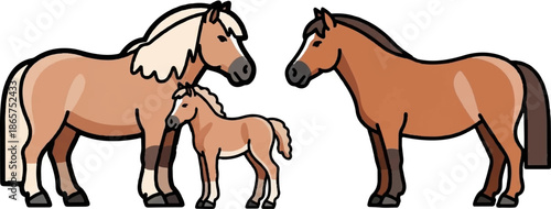 Three cartoon horses, two adults and a foal, in shades of brown and beige, standing on white