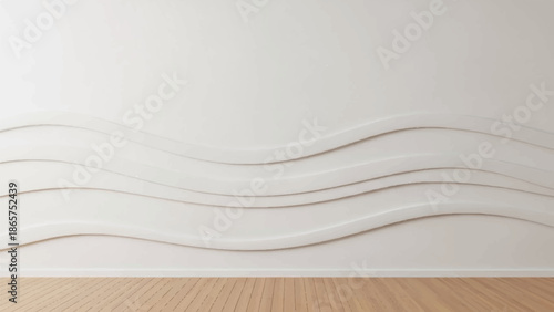A minimalist interior featuring a white wave-patterned wall and a wooden floor