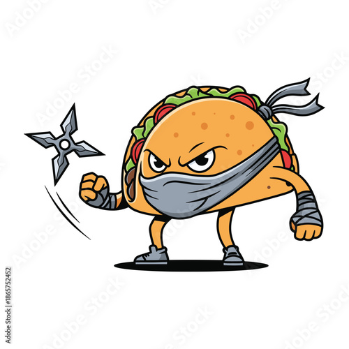 Ninja taco mascot illustration, stealth food character throwing shuriken weapon, aggressive cartoon action hero, fast food branding design