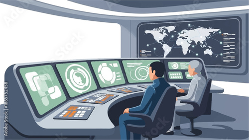Two people work in a futuristic control room with a world map displayed on a large screen