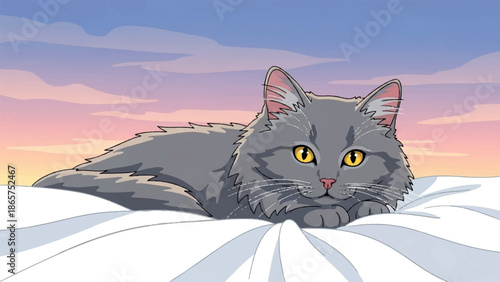 A fluffy gray cat with striking yellow eyes lounges on white fabric against a vibrant pastel sky