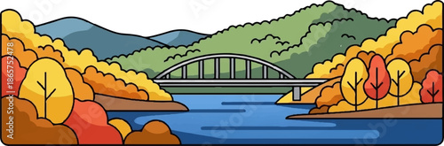 Arch bridge over a blue river surrounded by autumn foliage and distant hills