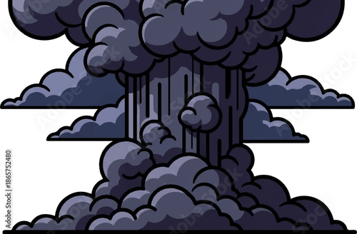 A stylized mushroom cloud formation with dark grey, voluminous clouds and vertical streaks