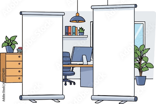 Two blank roll-up banners flank a modest office space with a desk, chair, and computer