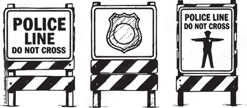 Police Line Do Not Cross Barrier Tape and Signs Vector Illustration Flat Design