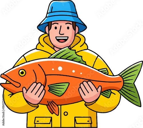 A smiling person in a yellow coat and blue hat holds a large orange fish
