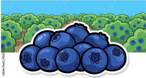 A vibrant cartoon illustration of a blueberry patch with ripe berries