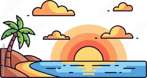 A stylized beach scene with a palm tree, sandy shore, ocean, and a sunset