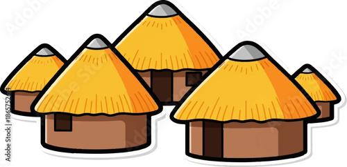 Cartoon huts with thatched roofs arranged in a cluster