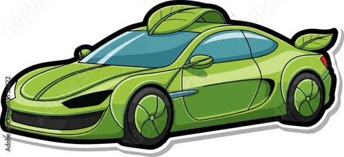 Green, eco-friendly sports car illustration with leaf accents on the roof and rear