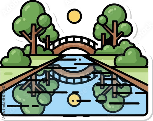 A stylized park scene with a bridge over water, trees, and a sun, featuring reflections