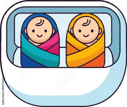 Two adorable babies bundled in colorful swaddling clothes rest peacefully together in a light blue cradle