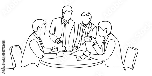 Continuous one line drawing of group of business people having discussion in conference room. Professional young business team is talking new project isolated on white background. Vector illustration