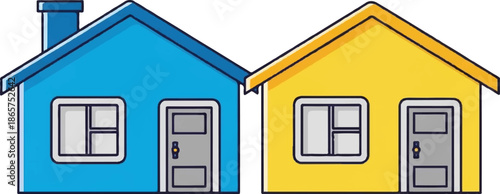 Two cartoon houses, one blue, one yellow, with windows and doors