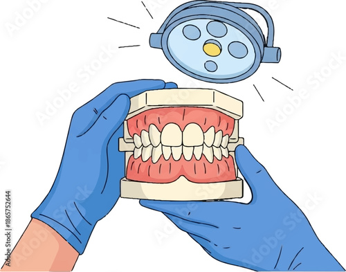 Gloved hands hold dental model under examination light