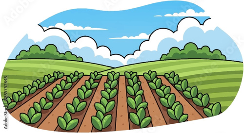 A vibrant cartoon depicts rows of green plants in fertile soil under a bright sky