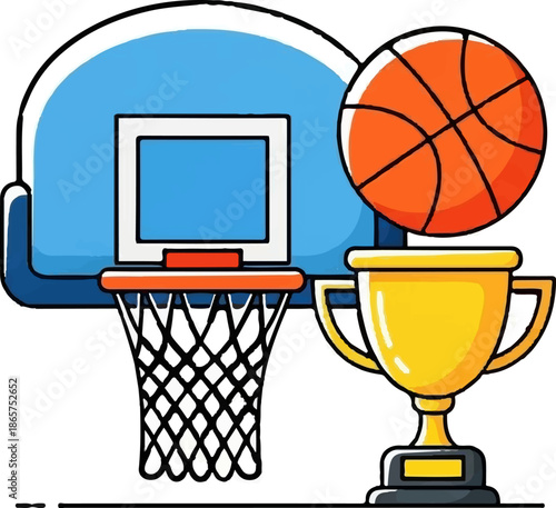 A cartoon illustration of a basketball, hoop, net, and a golden trophy