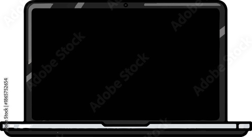 A simple, stylized illustration of a dark laptop with a blank screen, open