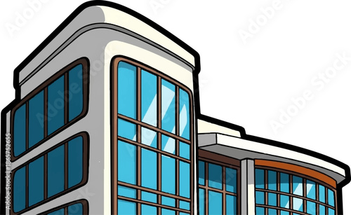 Modern cartoon buildings with large blue windows and cream-colored facades