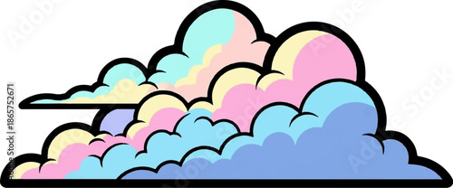Fluffy, pastel-colored cartoon clouds are layered against a white background