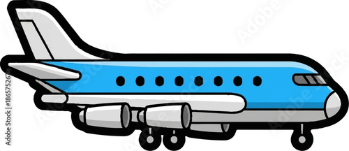 A simplified blue and white airplane with black outlines, showing engines and wheels