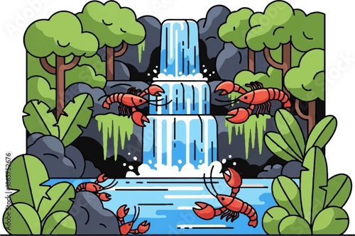 Whimsical cartoon scene of red lobsters near a lush waterfall and vibrant green foliage