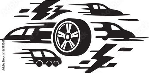 Speeding Cars with Tire and Lightning Bolts in Motion Blur